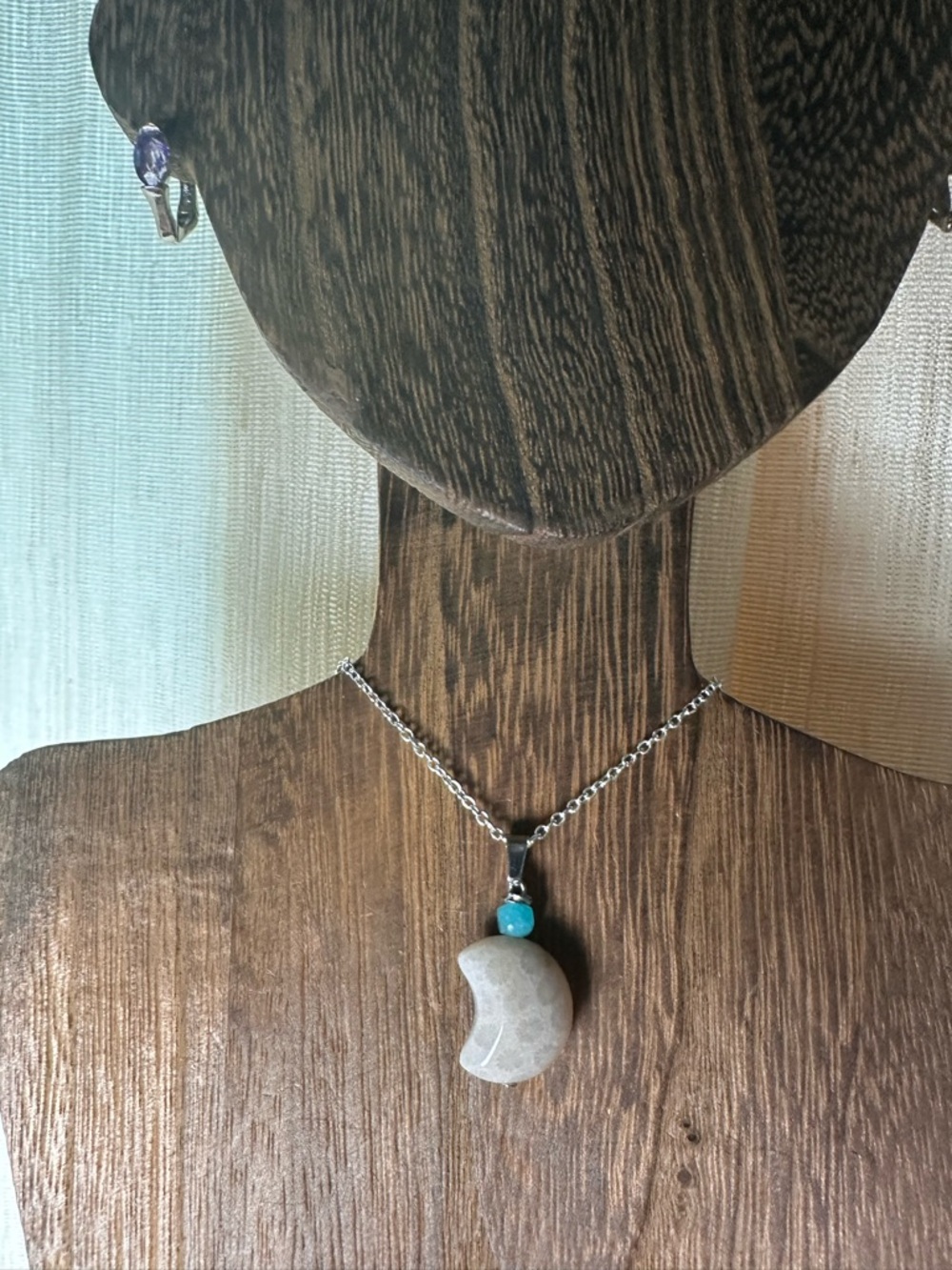 Small Coral Fossil Crescent Moon Charm Pendant Necklace, Amazonite and Silver - Picture 8 of 13